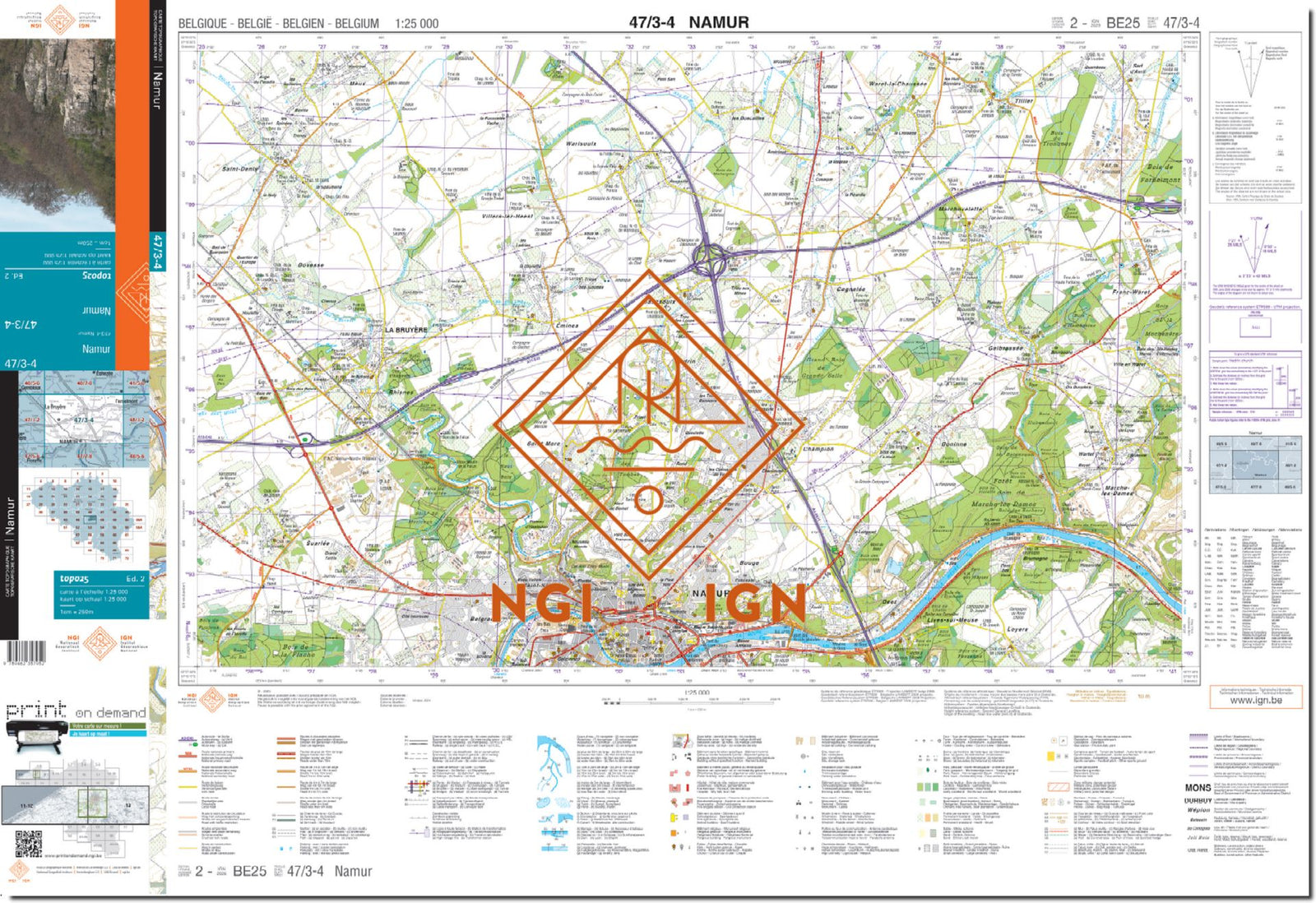 Carte topographique n° 47/3-4 - Namur (Belgique) | NGI topo 25 carte de randonnée IGN Belgique 