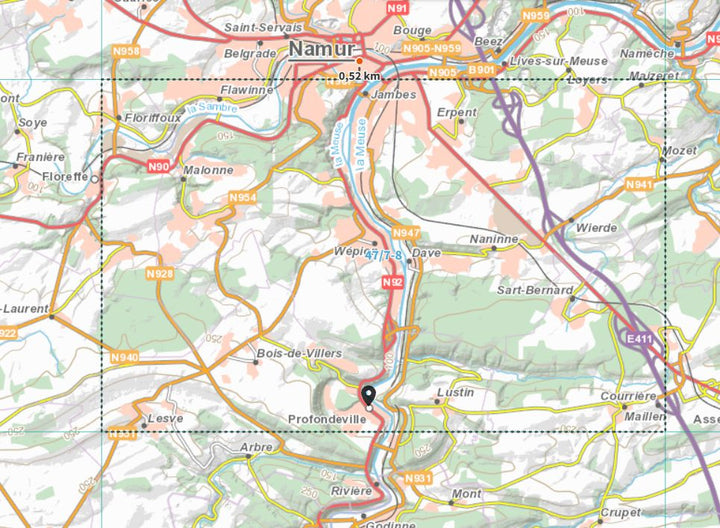 Carte topographique n° 47/7-8 - Profondeville, Namur Sud (Belgique) | NGI topo 25 carte de randonnée IGN Belgique 