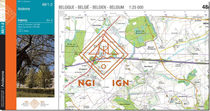 Carte topographique n° 48/1-2 - Andenne (Belgique) | NGI topo 25 carte de randonnée IGN Belgique 