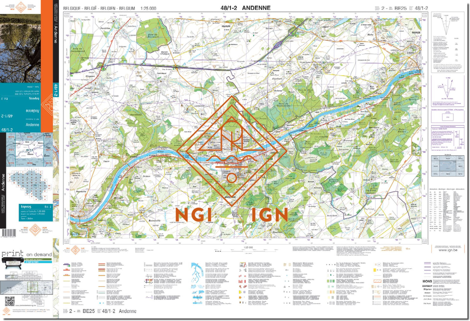 Carte topographique n° 48/1-2 - Andenne (Belgique) | NGI topo 25 carte de randonnée IGN Belgique 