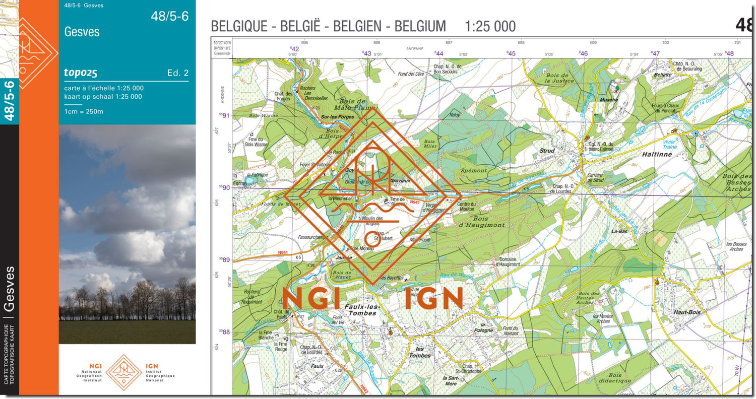Carte topographique n° 48/5-6. - Gesves (Belgique) | NGI topo 25 carte de randonnée IGN Belgique 