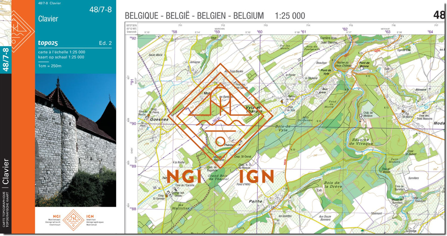 Carte topographique n° 48/7-8 - Clavier (Belgique) | NGI topo 25 carte de randonnée IGN Belgique 