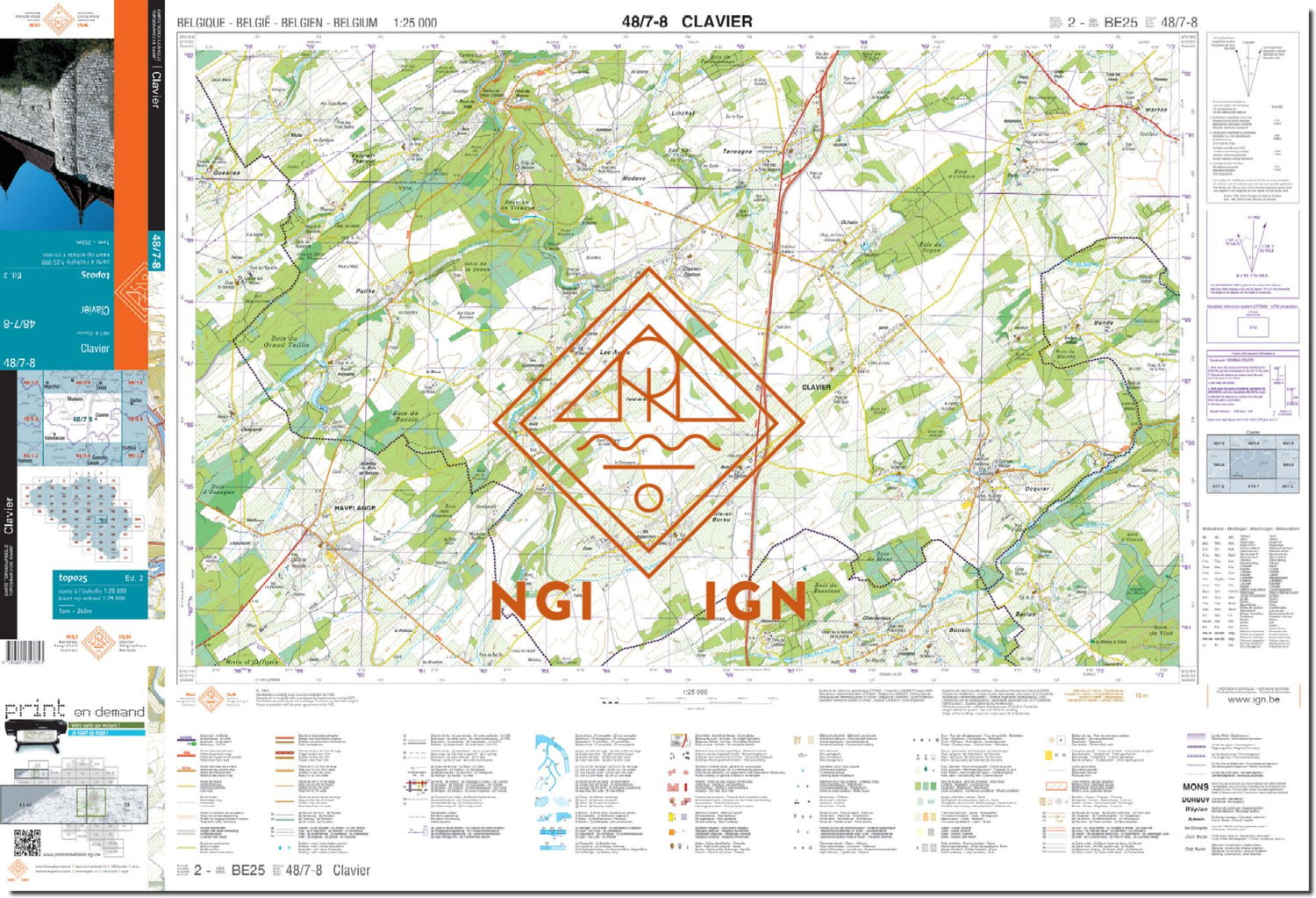Carte topographique n° 48/7-8 - Clavier (Belgique) | NGI topo 25 carte de randonnée IGN Belgique 