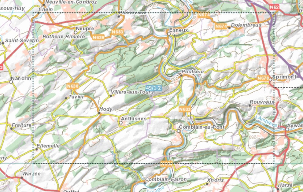 Carte topographique n° 49/1-2 - Esneux (Belgique) | NGI topo 25 carte de randonnée IGN Belgique 