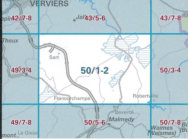 Carte topographique n° 50/1-2 - Sart (Belgique) | NGI topo 25 carte de randonnée IGN Belgique 