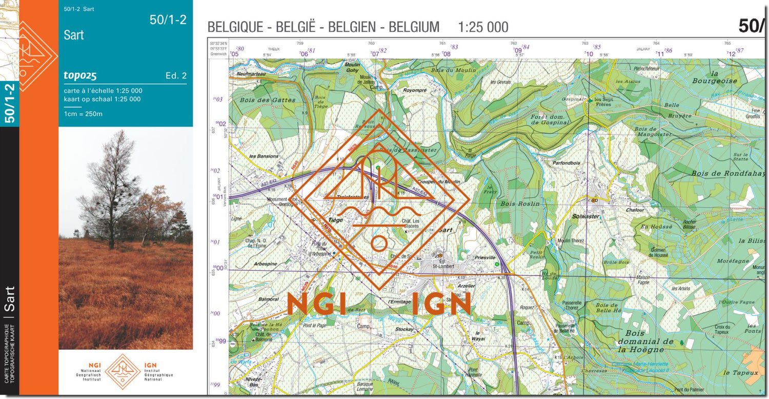 Carte topographique n° 50/1-2 - Sart (Belgique) | NGI topo 25 carte de randonnée IGN Belgique 