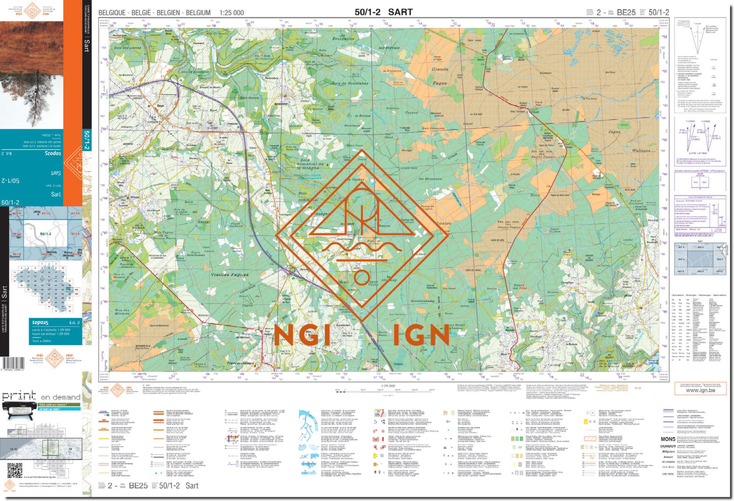 Carte topographique n° 50/1-2 - Sart (Belgique) | NGI topo 25 carte de randonnée IGN Belgique 