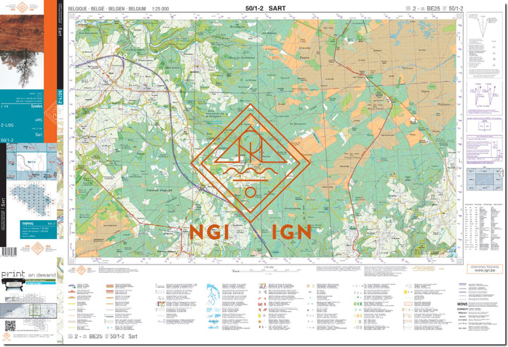 Carte topographique n° 50/1-2 - Sart (Belgique) | NGI topo 25 carte de randonnée IGN Belgique 