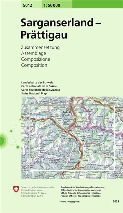 Carte topographique n° 5012 - Sarganserland, Prättigau (Suisse) | Swisstopo - 1/50 000 carte de randonnée Swisstopo 