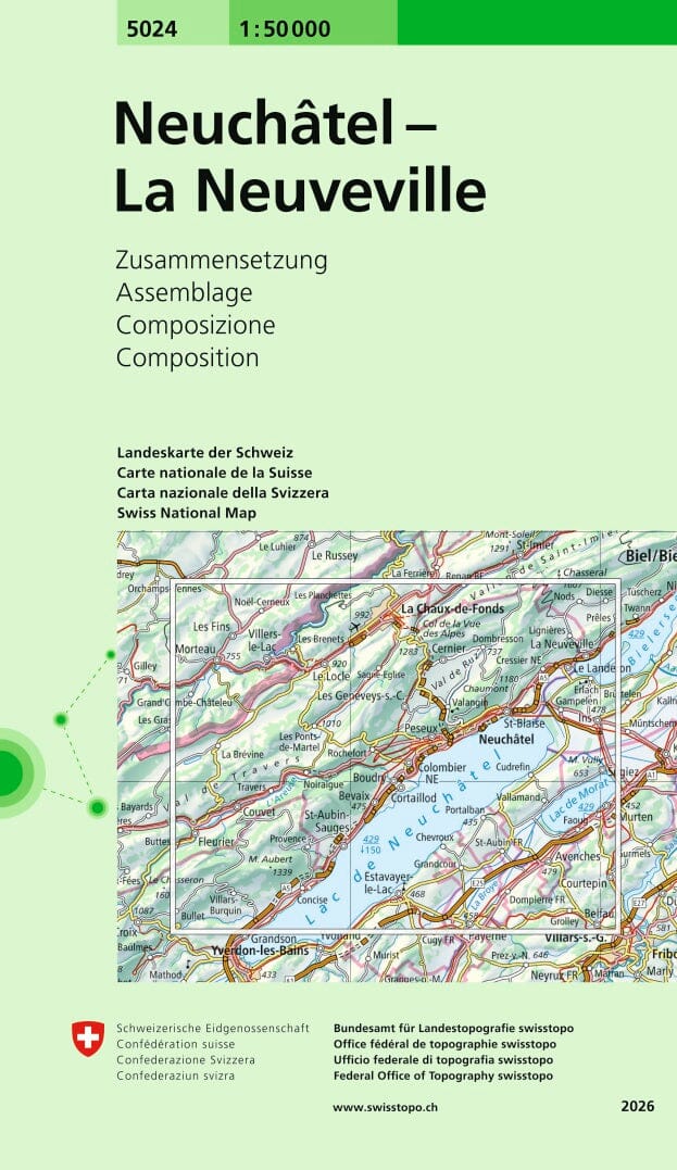 Carte topographique n° 5024 - Neuchâtel, Les Verrières, La Neuveville (Suisse) | Swisstopo - 1/50 000 carte de randonnée Swisstopo 