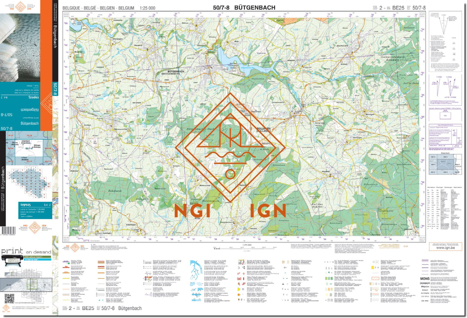 Carte topographique n° 50/7-8 - Bütgenbach (Belgique) | NGI topo 25 carte de randonnée IGN Belgique 