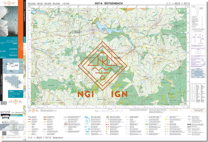 Carte topographique n° 50/7-8 - Bütgenbach (Belgique) | NGI topo 25 carte de randonnée IGN Belgique 