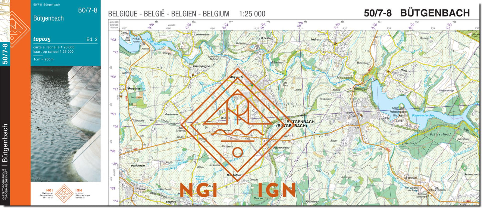 Carte topographique n° 50/7-8 - Bütgenbach (Belgique) | NGI topo 25 carte de randonnée IGN Belgique 