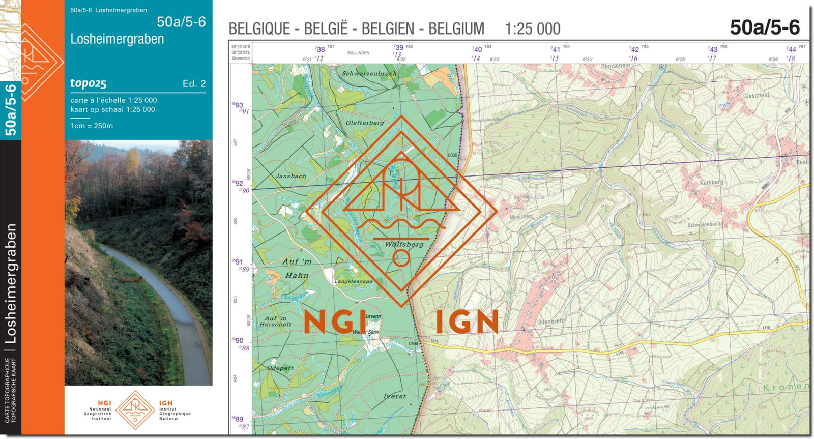 Carte topographique n° 50A/5-6 - Losheimergraben (Belgique) | NGI topo 25 carte de randonnée IGN Belgique 