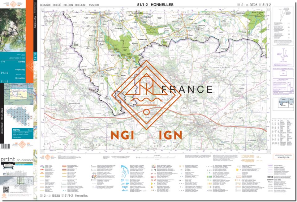 Carte topographique n° 51/1-2 - Honnelles (Belgique) | NGI topo 25 carte de randonnée IGN Belgique