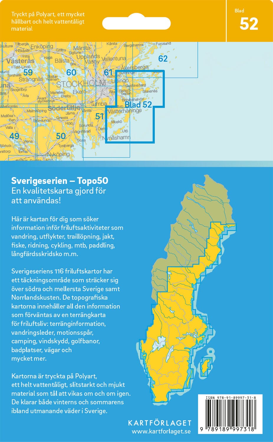 Carte topographique n° 52 - Stockholms skärgård södra (Suède) | Norstedts - Sverigeserien carte de randonnée Norstedts