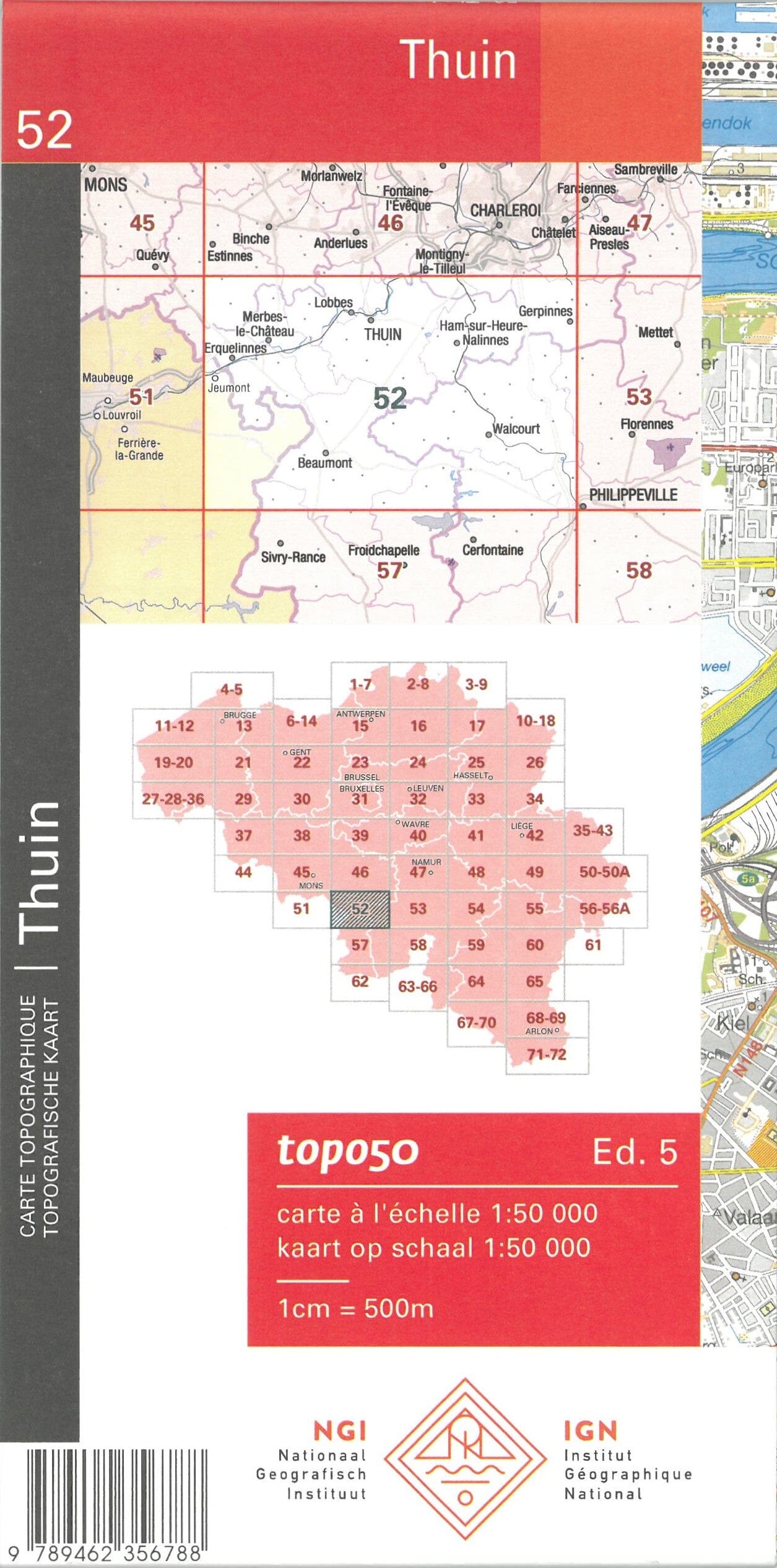 Carte topographique n° 52 - Thuin (Belgique) | NGI - 1/50 000 carte de randonnée IGN Belgique