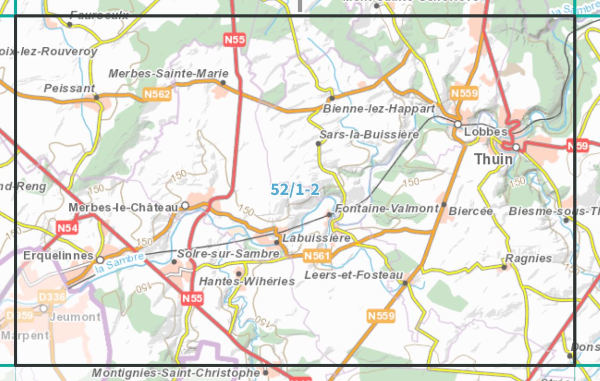 Carte topographique n° 52/1-2 - Thuin (Belgique) | NGI topo 25 carte de randonnée IGN Belgique 