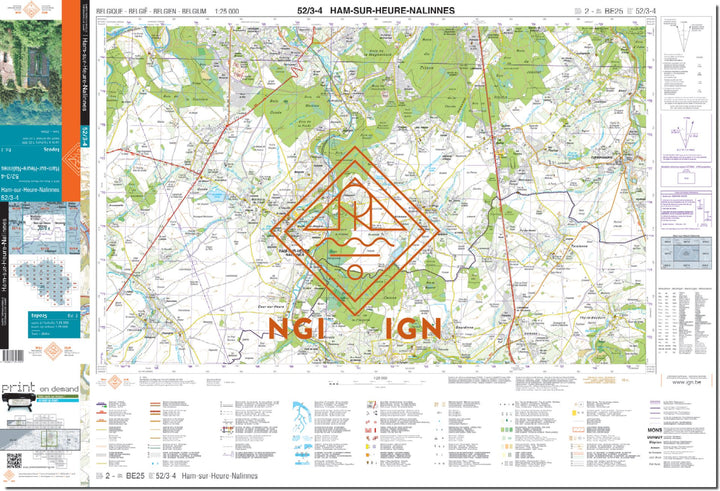 Carte topographique n° 52/3-4 - Ham-sur-Heure-Nalinnes (Belgique) | NGI topo 25 carte de randonnée IGN Belgique 