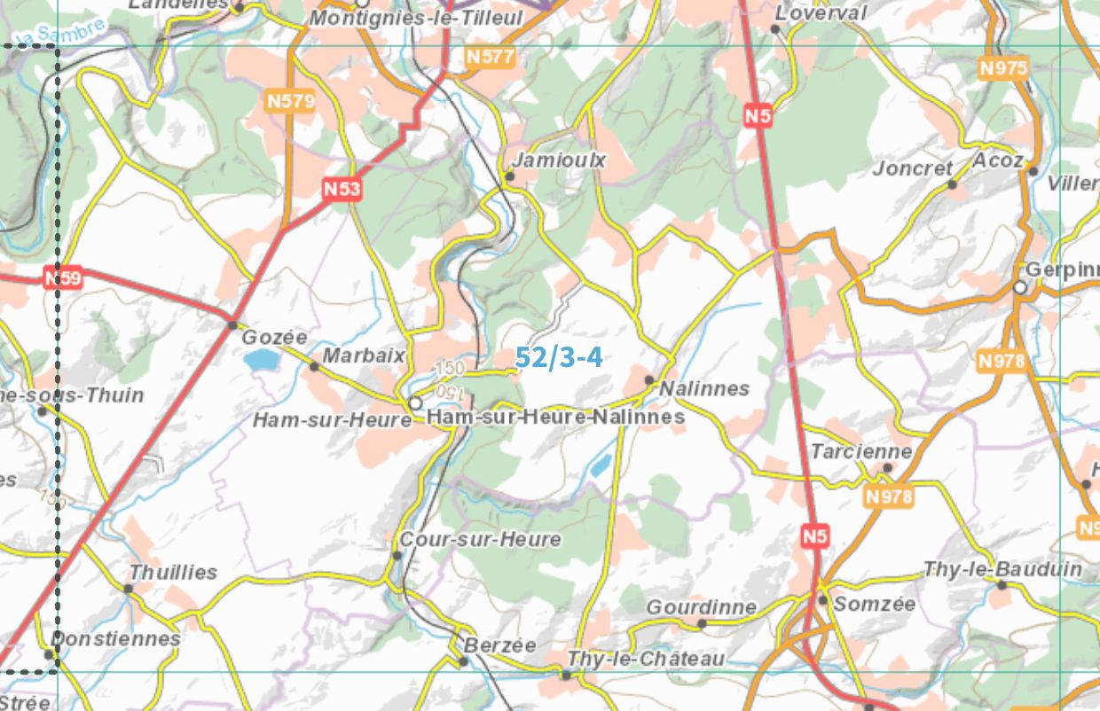 Carte topographique n° 52/3-4 - Ham-sur-Heure-Nalinnes (Belgique) | NGI topo 25 carte de randonnée IGN Belgique 