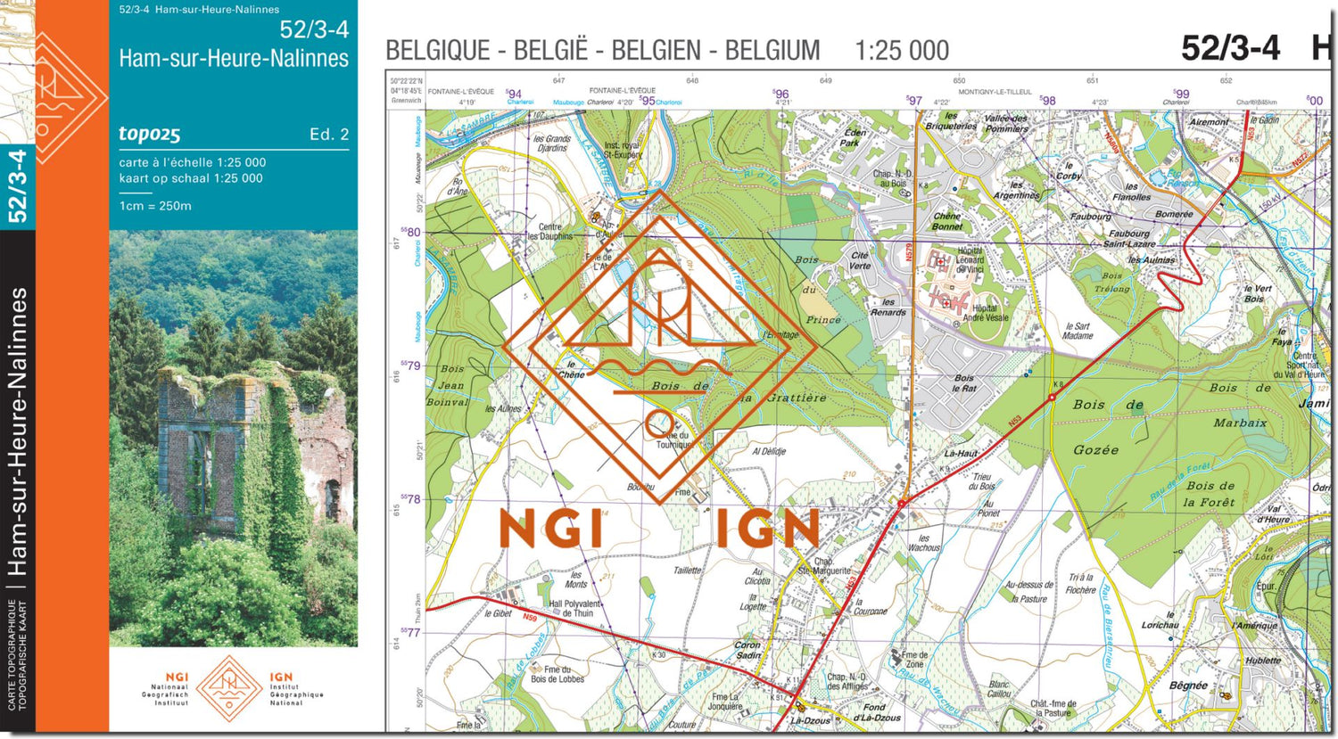 Carte topographique n° 52/3-4 - Ham-sur-Heure-Nalinnes (Belgique) | NGI topo 25 carte de randonnée IGN Belgique 