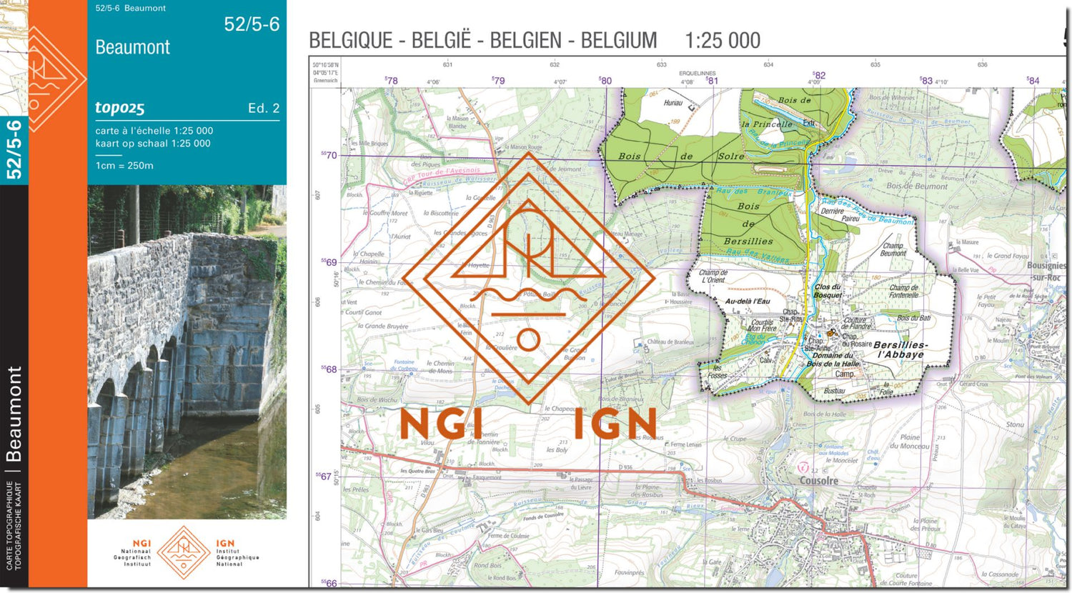 Carte topographique n° 52/5-6 - Beaumont (Belgique) | NGI topo 25 carte de randonnée IGN Belgique 