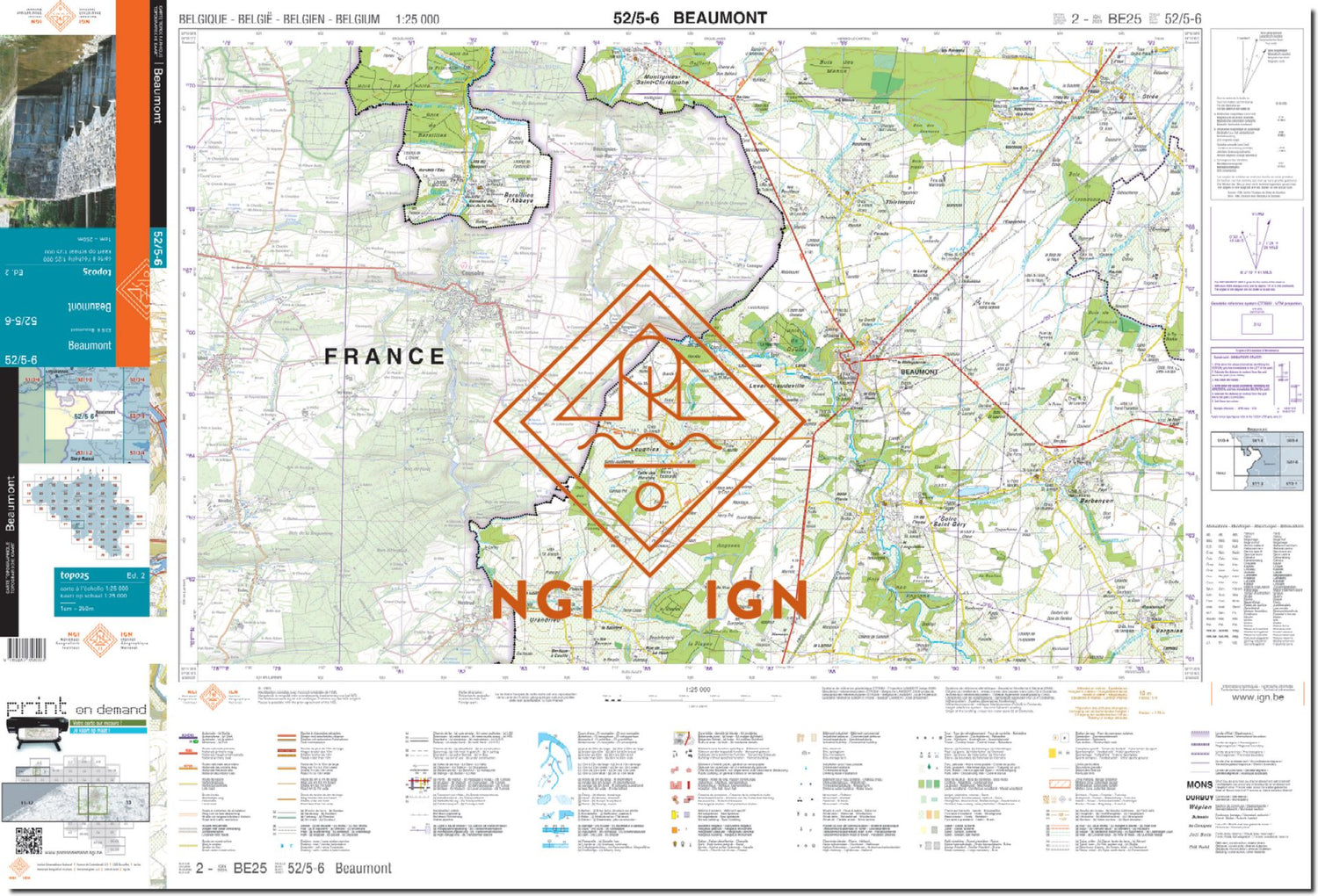 Carte topographique n° 52/5-6 - Beaumont (Belgique) | NGI topo 25 carte de randonnée IGN Belgique 