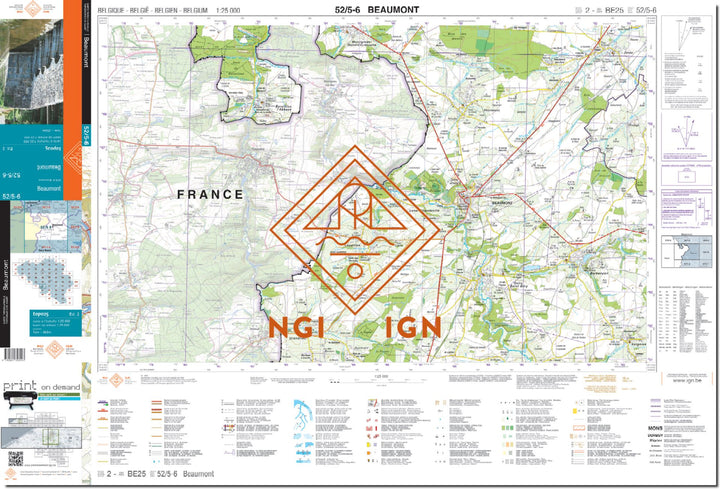 Carte topographique n° 52/5-6 - Beaumont (Belgique) | NGI topo 25 carte de randonnée IGN Belgique 