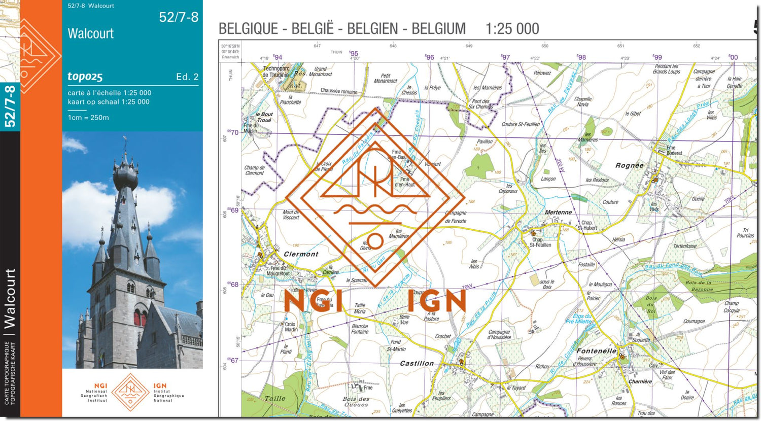 Carte topographique n° 52/7-8 - Walcourt (Belgique) | NGI topo 25 carte de randonnée IGN Belgique 