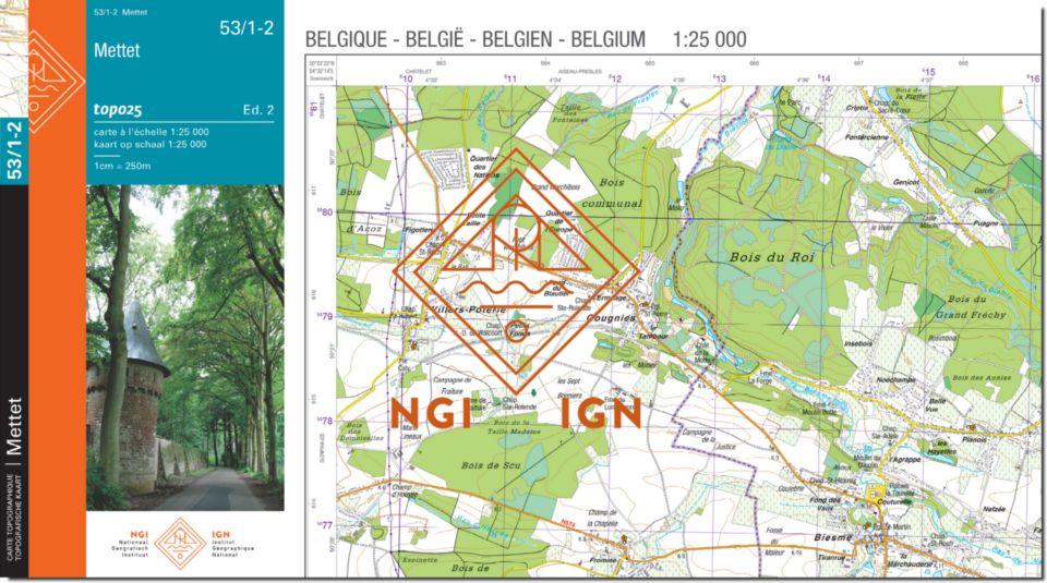 Carte topographique n° 53/1-2 - Mettet (Belgique) | NGI topo 25 carte de randonnée IGN Belgique