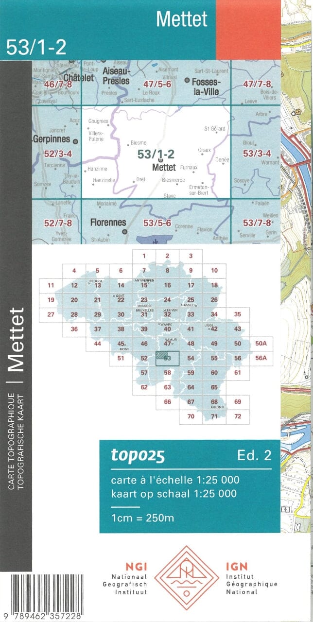 Carte topographique n° 53/1-2 - Mettet (Belgique) | NGI topo 25 carte de randonnée IGN Belgique