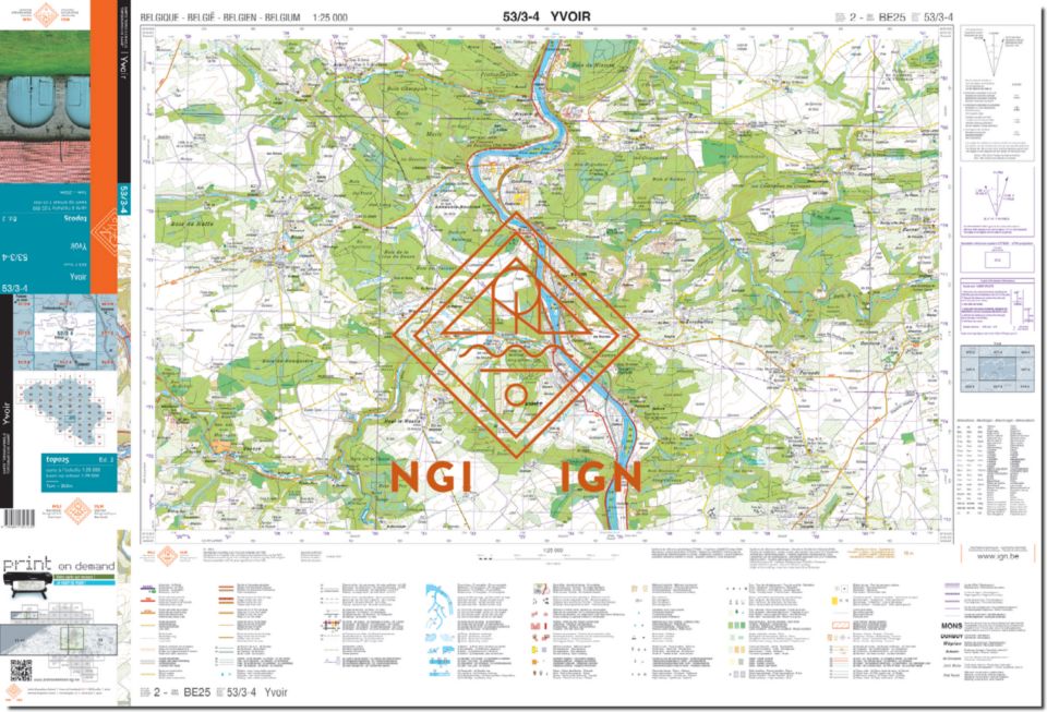 Carte topographique n° 53/3-4 - Yvoir (Belgique) | NGI topo 25 carte de randonnée IGN Belgique