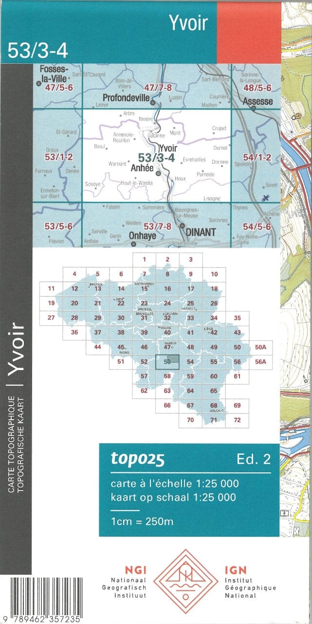 Carte topographique n° 53/3-4 - Yvoir (Belgique) | NGI topo 25 carte de randonnée IGN Belgique