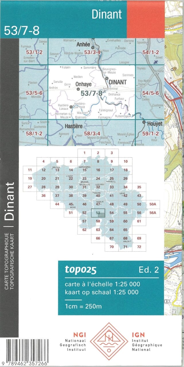 Carte topographique n° 53/7-8 - Dinant (Belgique) | NGI topo 25 carte de randonnée IGN Belgique