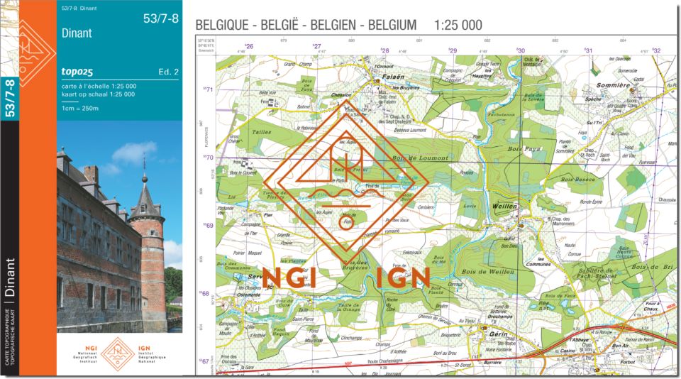 Carte topographique n° 54/1-2 - Ciney (Belgique) | NGI topo 25 carte de randonnée IGN Belgique