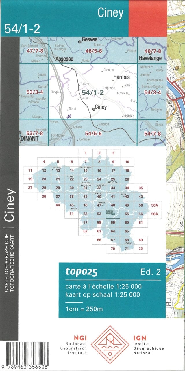 Carte topographique n° 54/1-2 - Ciney (Belgique) | NGI topo 25 carte de randonnée IGN Belgique
