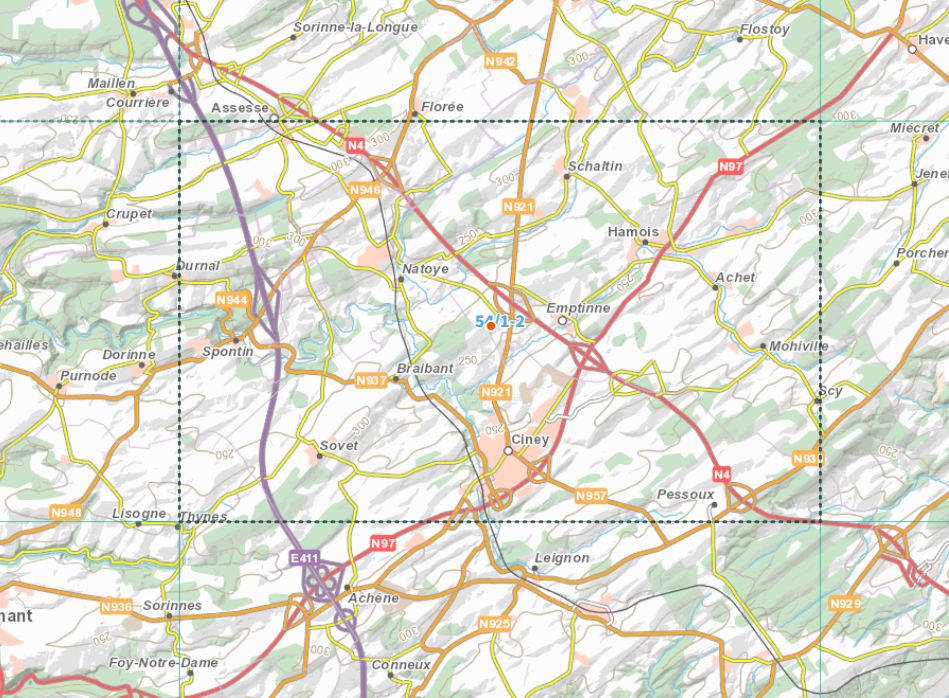 Carte topographique n° 54/1-2 - Ciney (Belgique) | NGI topo 25 carte de randonnée IGN Belgique