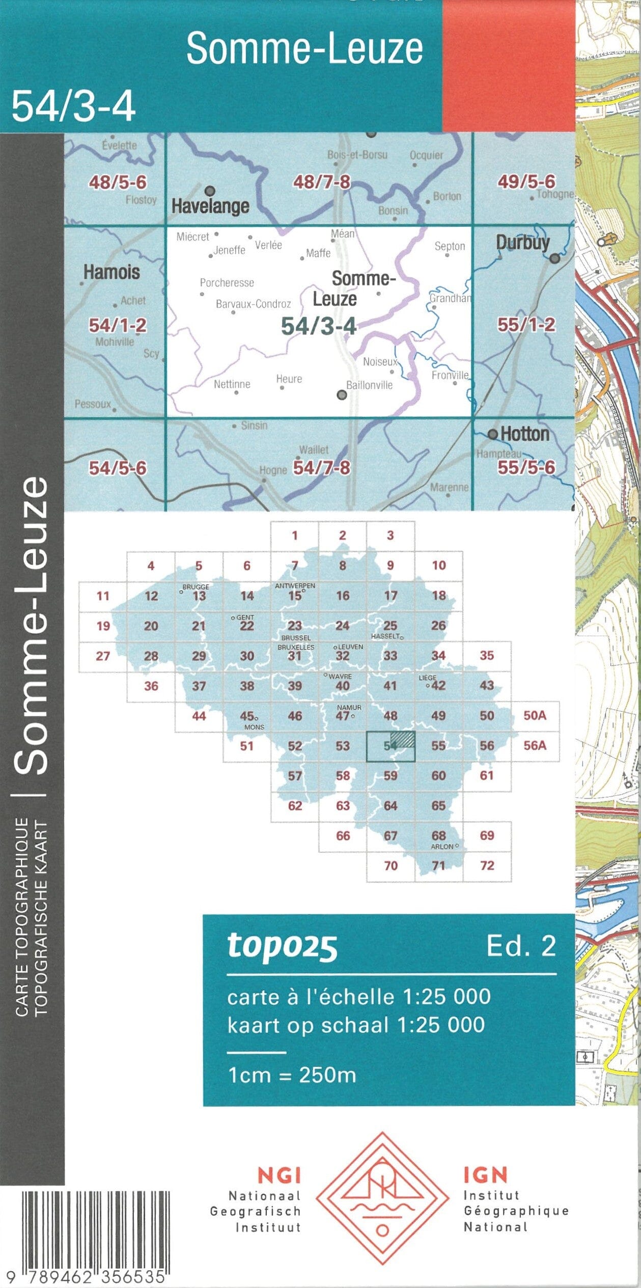 Carte topographique n° 54/3-4 - Somme-Leuze (Belgique) | NGI topo 25 carte de randonnée IGN Belgique