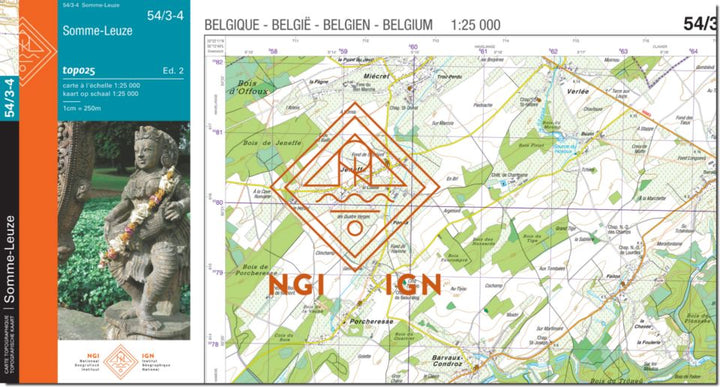 Carte topographique n° 54/3-4 - Somme-Leuze (Belgique) | NGI topo 25 carte pliée IGN Belgique 