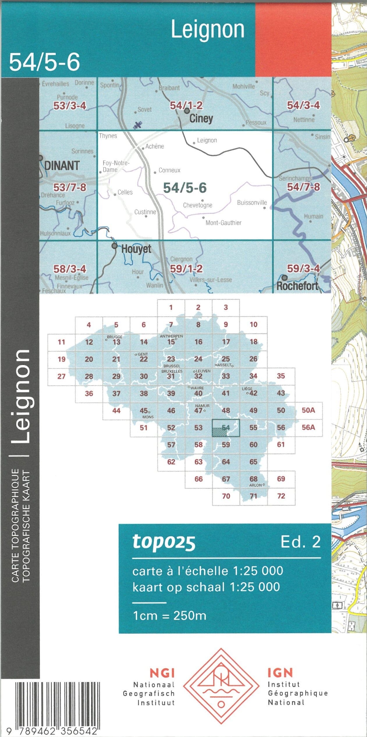 Carte topographique n° 54/5-6 - Leignon (Belgique) | NGI topo 25 carte de randonnée IGN Belgique
