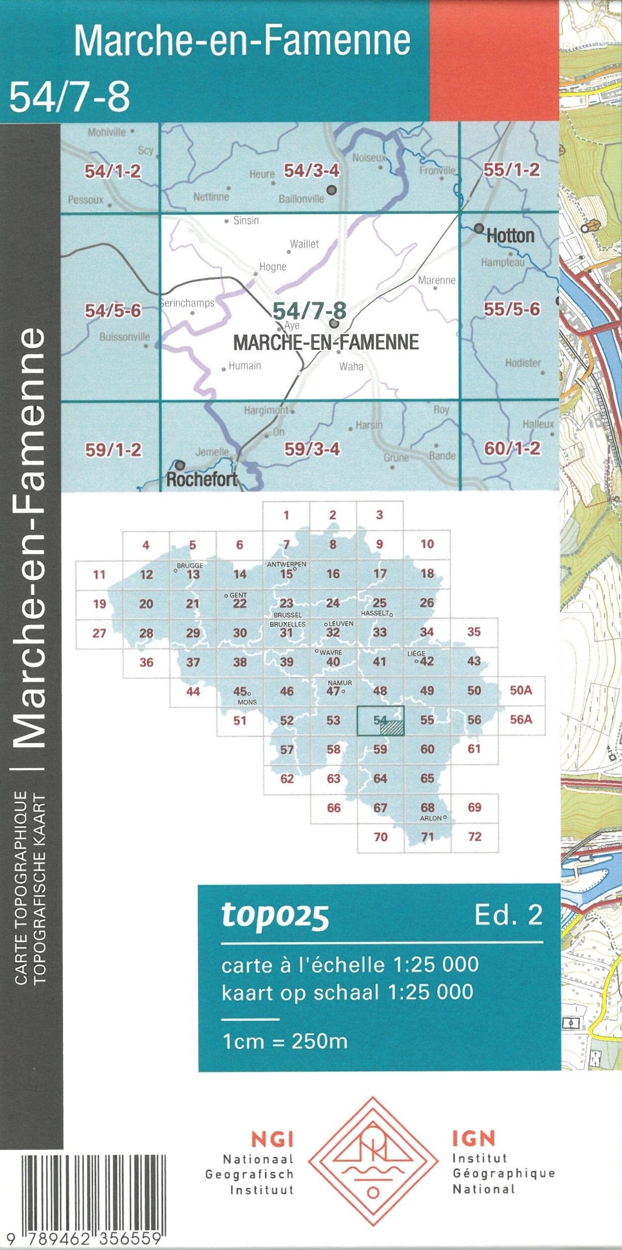 Carte topographique n° 54/7-8 - Marche-en-Famenne (Belgique) | NGI topo 25 carte de randonnée IGN Belgique