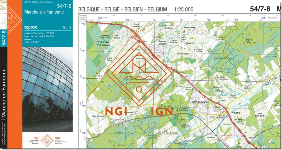 Carte topographique n° 54/7-8 - Marche-en-Famenne (Belgique) | NGI topo 25 carte de randonnée IGN Belgique