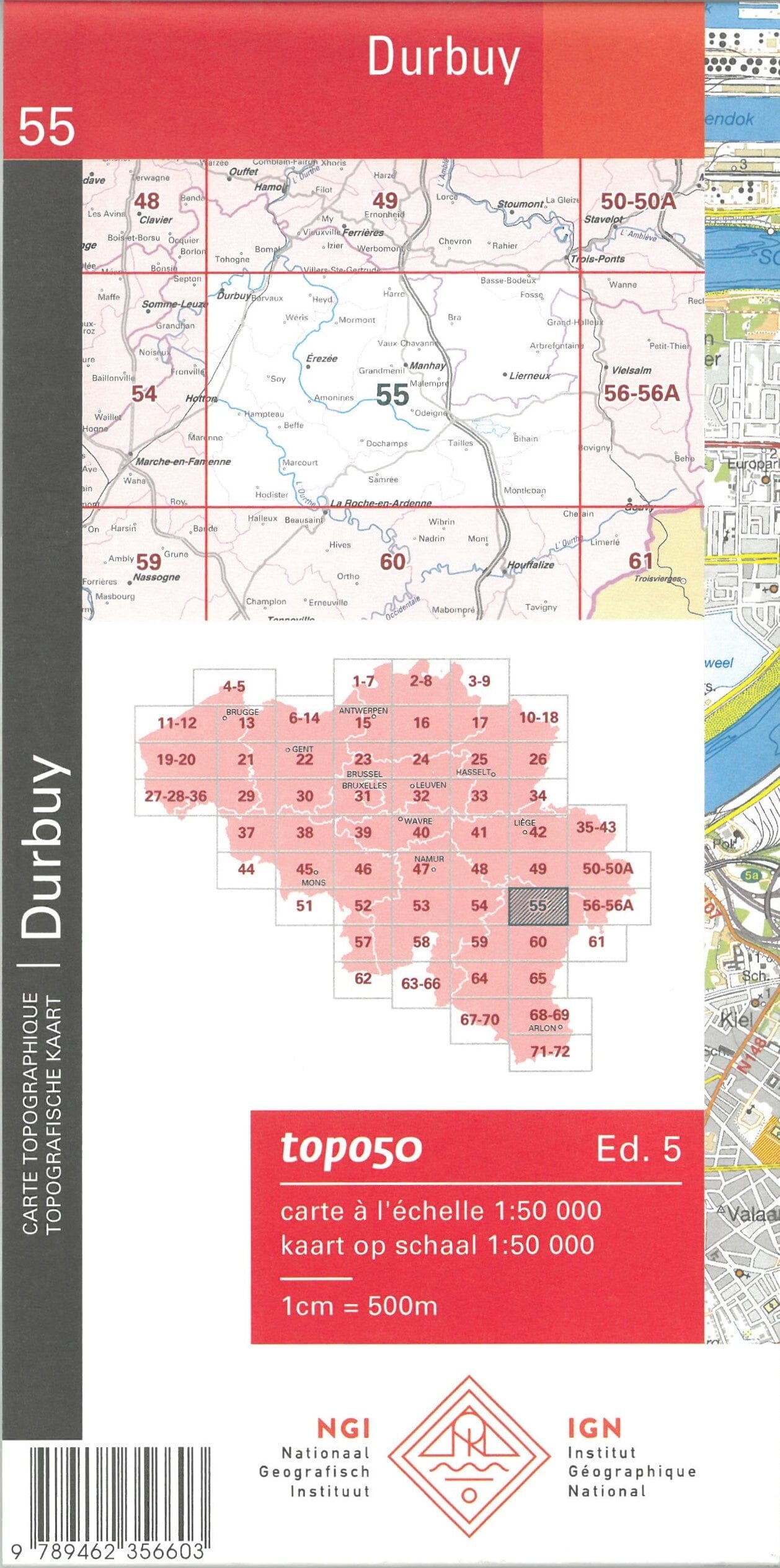Carte topographique n° 55 - Durbuy (Belgique) | NGI - 1/50 000 carte de randonnée IGN Belgique