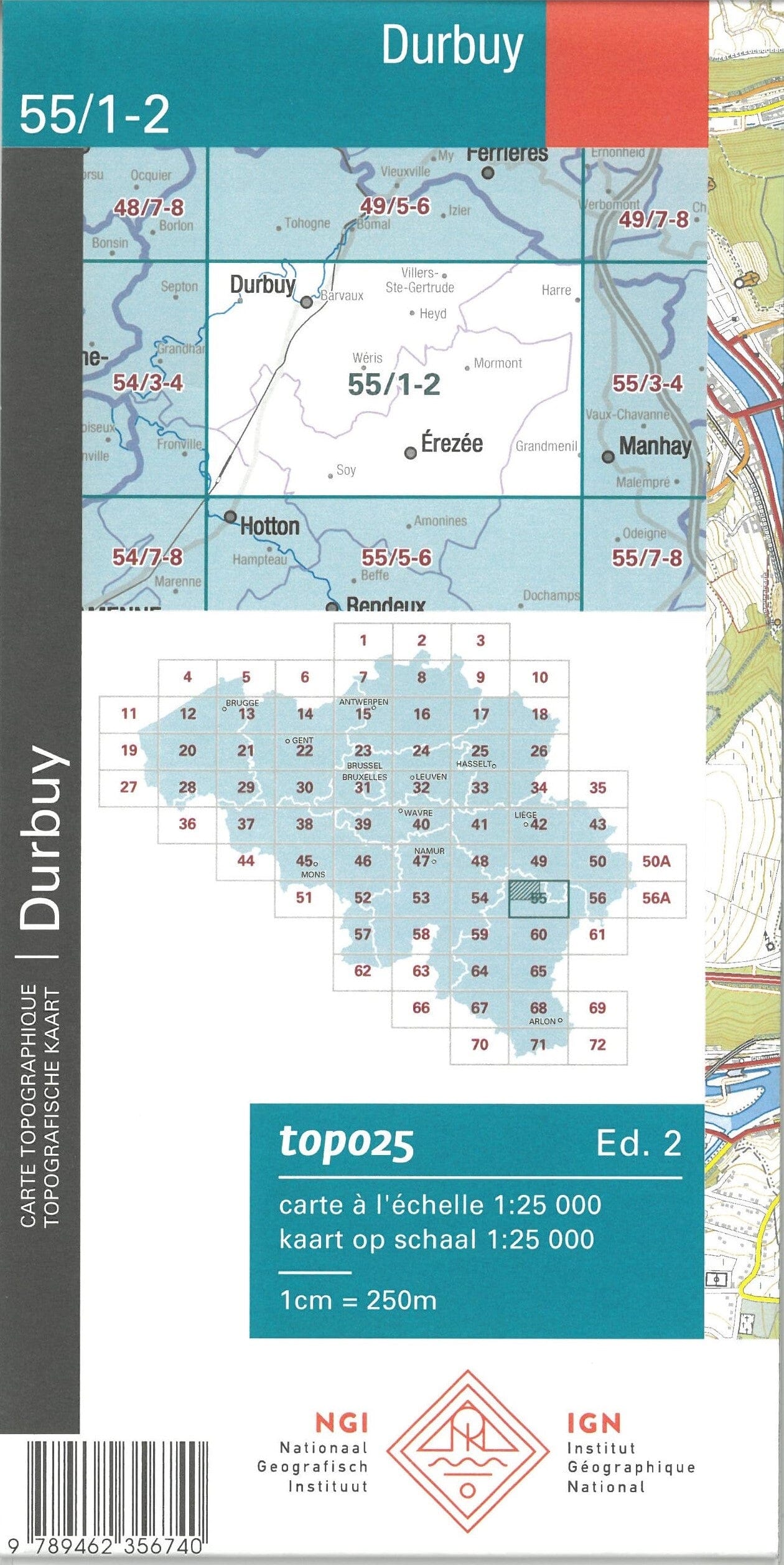 Carte topographique n° 55/1-2 - Durbuy (Belgique) | NGI topo 25 carte de randonnée IGN Belgique