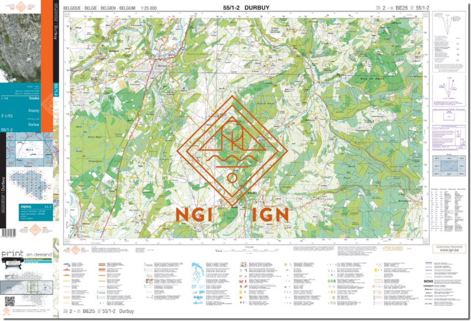 Carte topographique n° 55/1-2 - Durbuy (Belgique) | NGI topo 25 carte de randonnée IGN Belgique