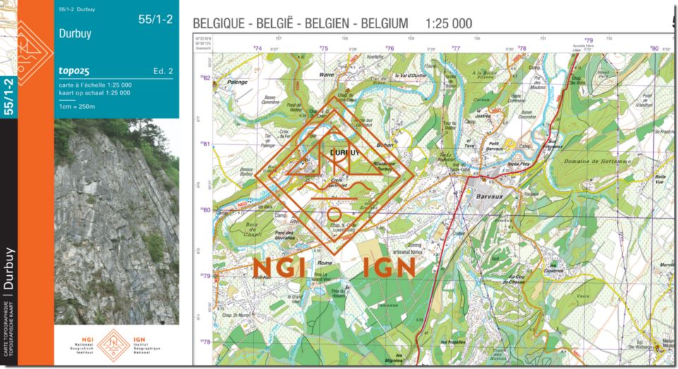 Carte topographique n° 55/1-2 - Durbuy (Belgique) | NGI topo 25 carte de randonnée IGN Belgique