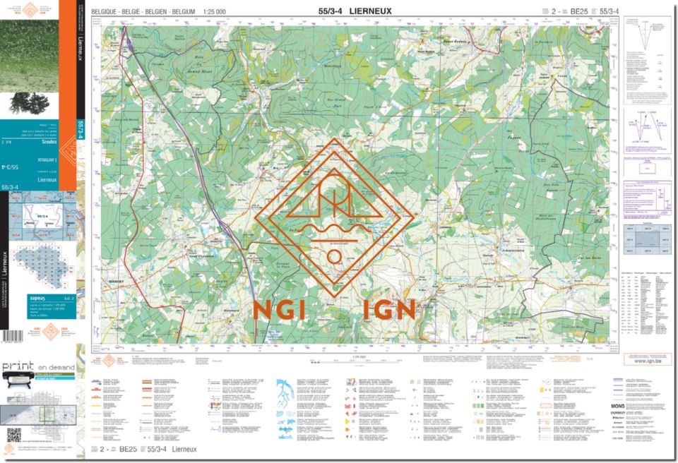 Carte topographique n° 55/3-4 - Lierneux (Belgique) | NGI topo 25 carte de randonnée IGN Belgique