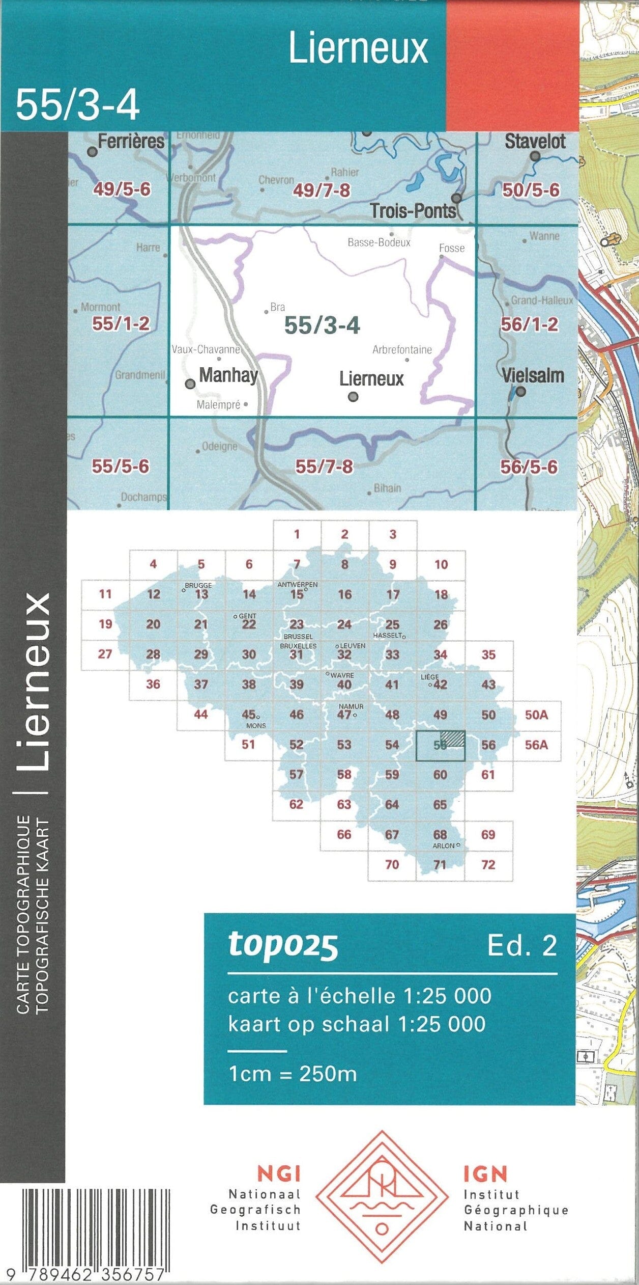 Carte topographique n° 55/3-4 - Lierneux (Belgique) | NGI topo 25 carte de randonnée IGN Belgique