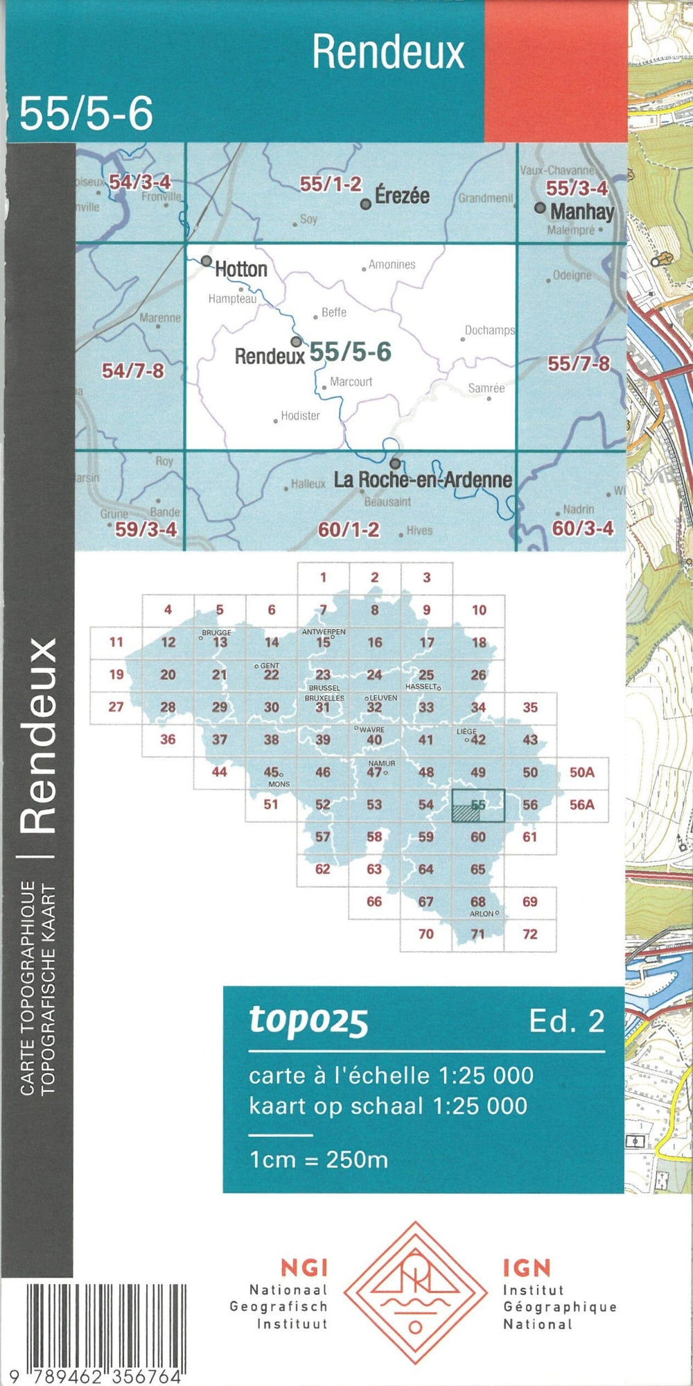 Carte topographique n° 55/5-6 - Rendeux (Belgique) | NGI topo 25 carte pliée IGN Belgique 
