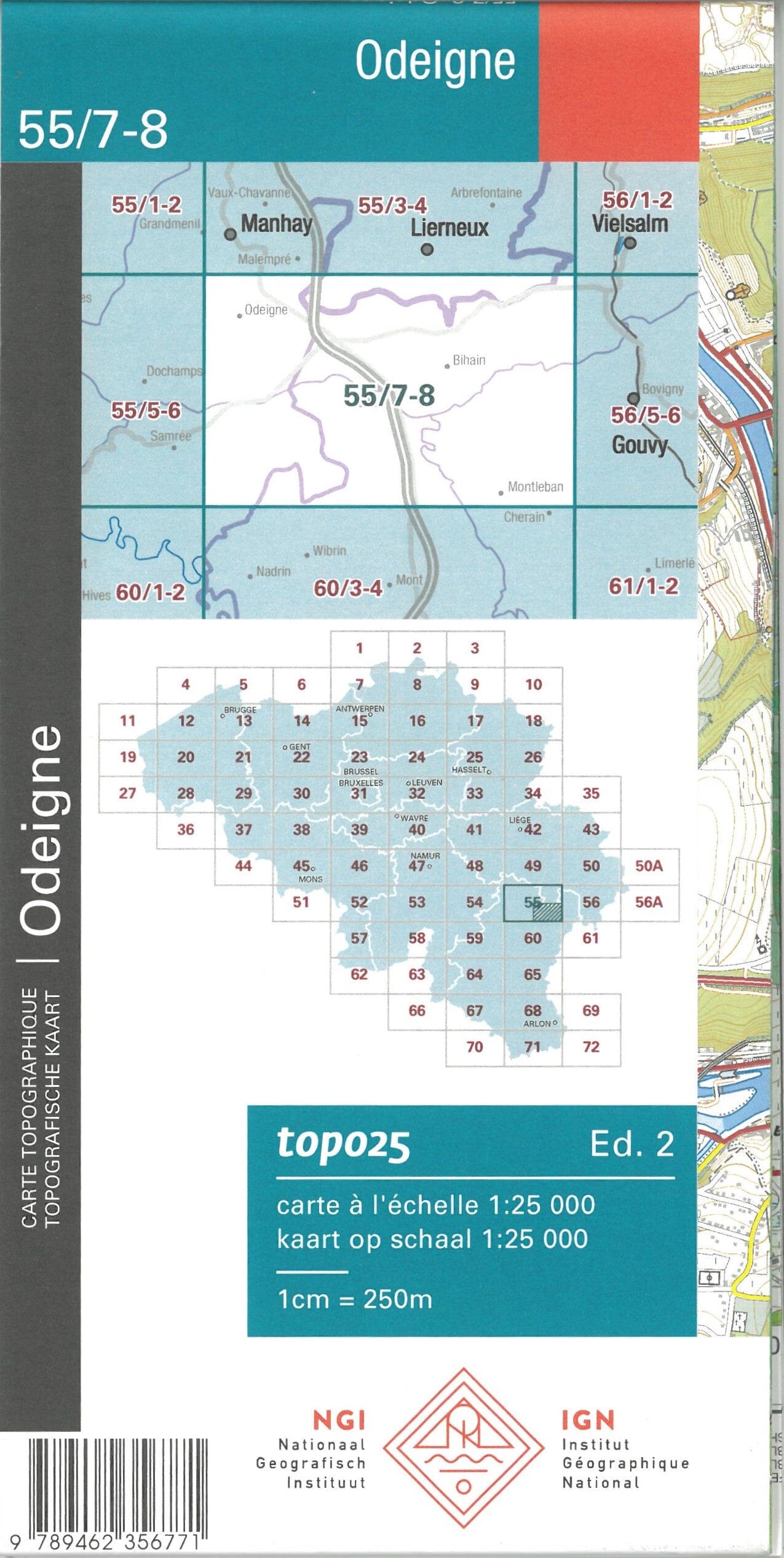Carte topographique n° 55/7-8 - Odeigne (Belgique) | NGI topo 25 carte de randonnée IGN Belgique